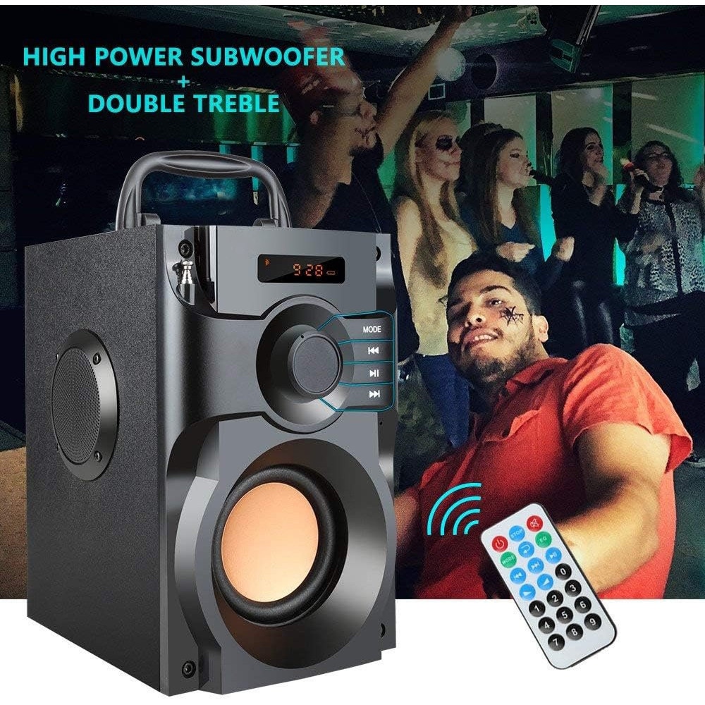 Boxa portabila Bluetooth cu subwoofer si sunet stereo, Boxa wireless cu bass puternic si telecomanda, Radio FM si suport card TF, pentru petreceri in aer liber si camping, negru