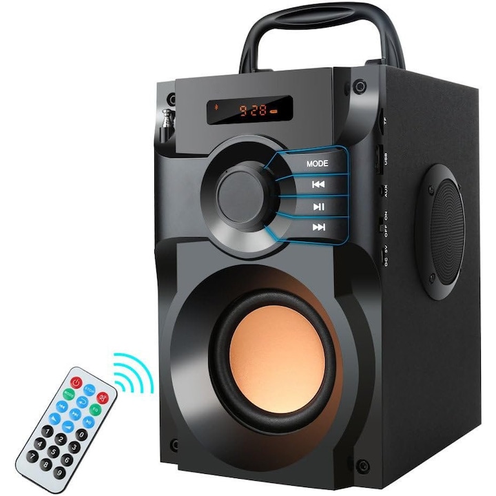 Boxa portabila Bluetooth cu subwoofer si sunet stereo, Boxa wireless cu bass puternic si telecomanda, Radio FM si suport card TF, pentru petreceri in aer liber si camping, negru