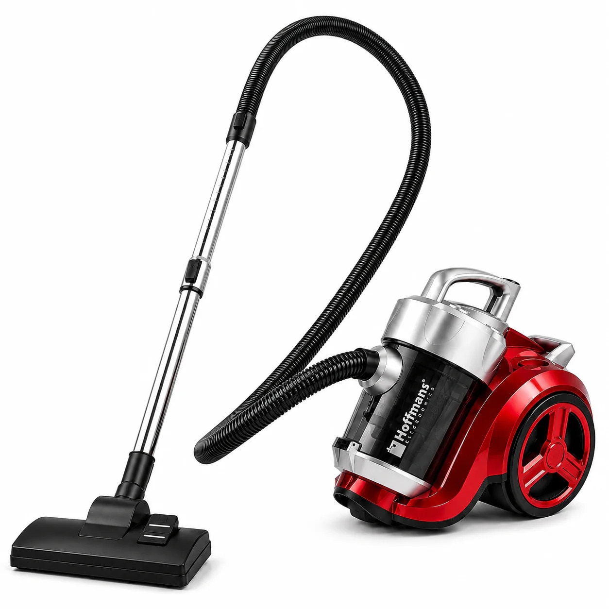 Aspirator fara Sac Hoffmans, 1800W, Sistem Multiciclonic, Recipient 3L, Filtru Lavabil, Putere Reglabila, Tub Telescopic Metalic, Rosu-Negru