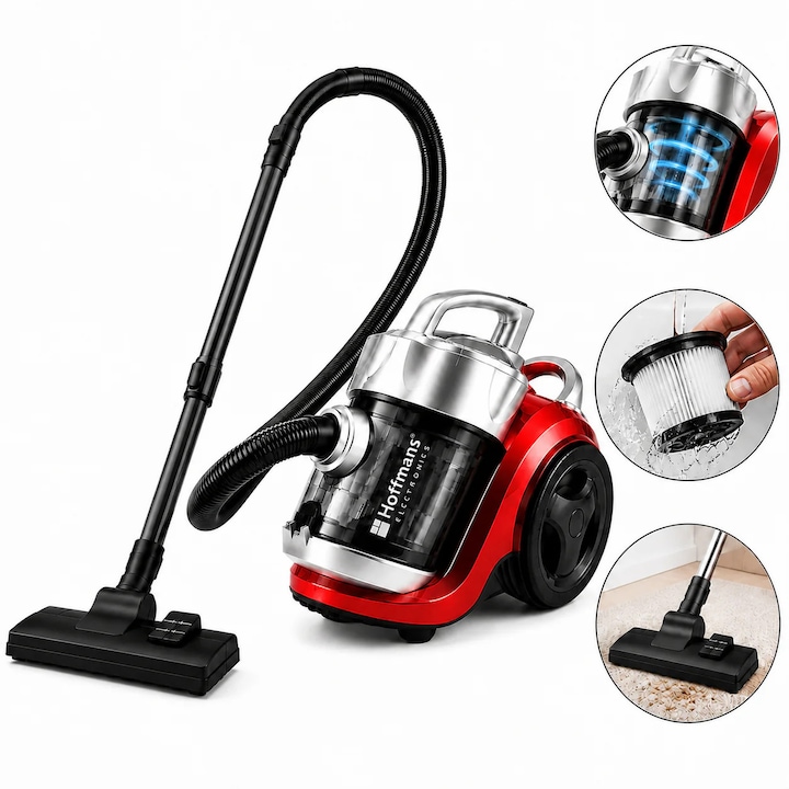 Aspirator fara Sac Hoffmans, 1800W, Sistem Multiciclonic, Recipient 3L, Filtru Lavabil, Putere Reglabila, Tub Telescopic Metalic, Rosu-Negru