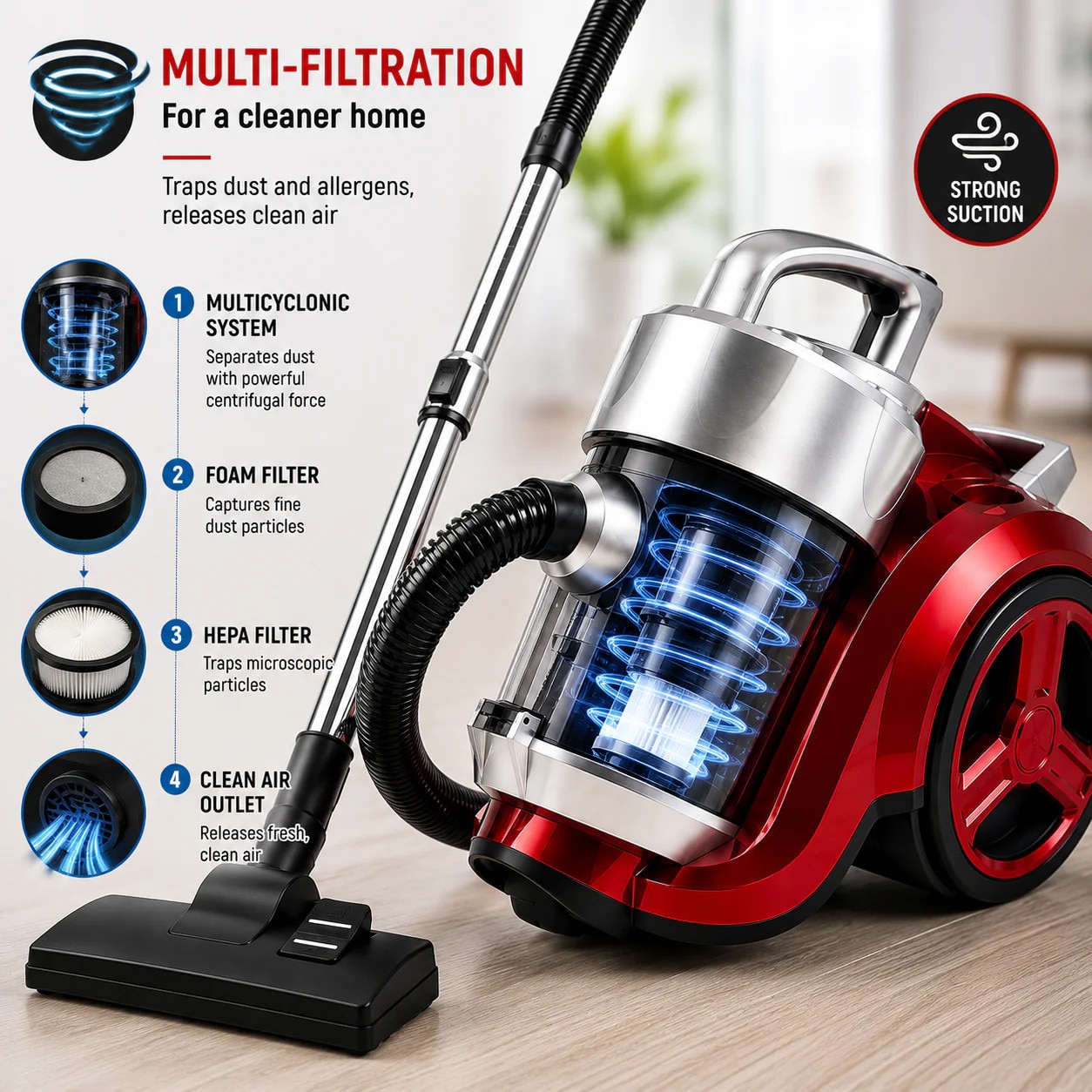 Aspirator fara Sac Hoffmans, 1800W, Sistem Multiciclonic, Recipient 3L, Filtru Lavabil, Putere Reglabila, Tub Telescopic Metalic, Rosu-Negru
