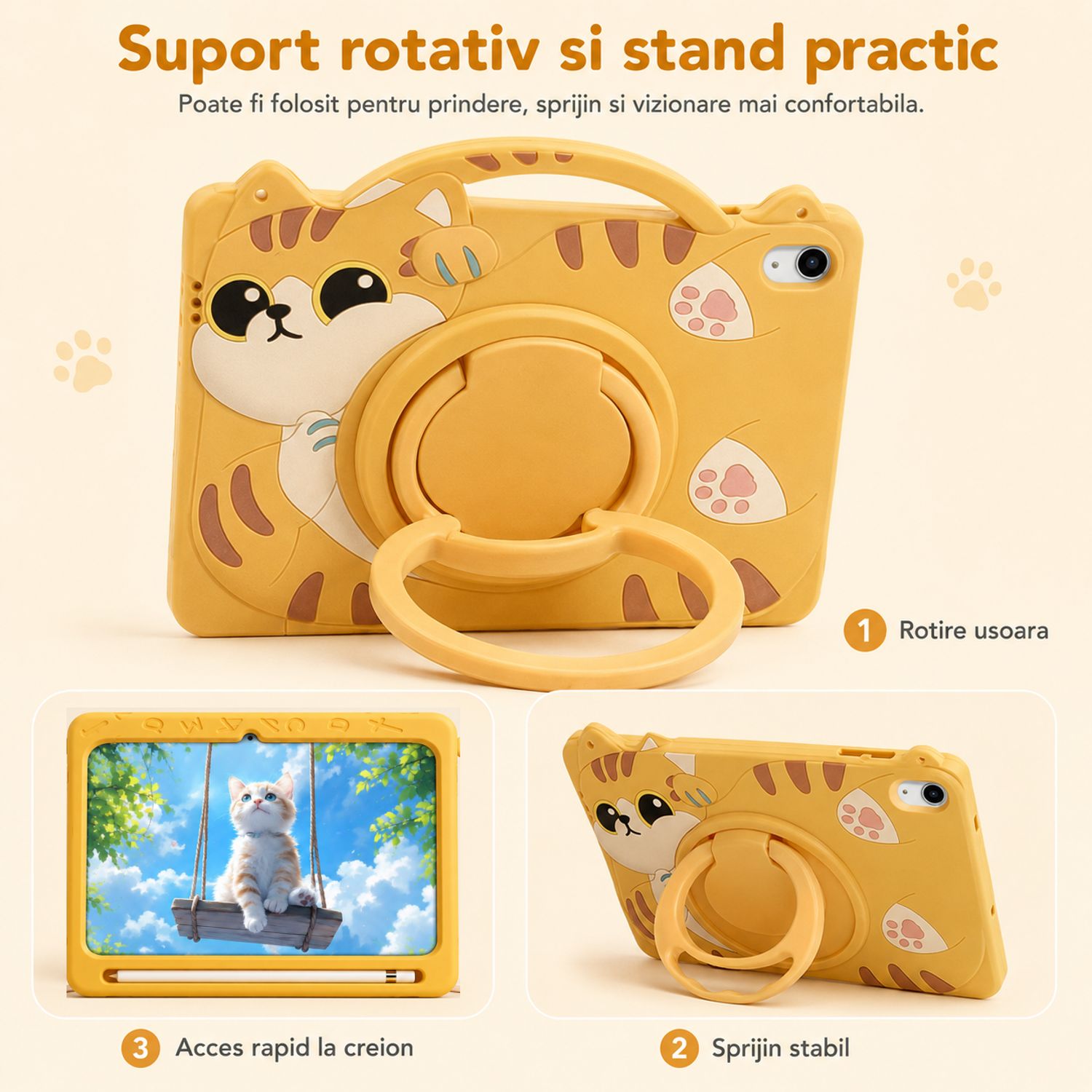 Husa pentru Samsung Galaxy Tab A11, Exclusiv pentru 8.7 inch, Silicon Moale pentru Copii, Suport Rotativ 360° cu Functie Stand, Slot pentru Creion, Design Pisicuta, Galben
