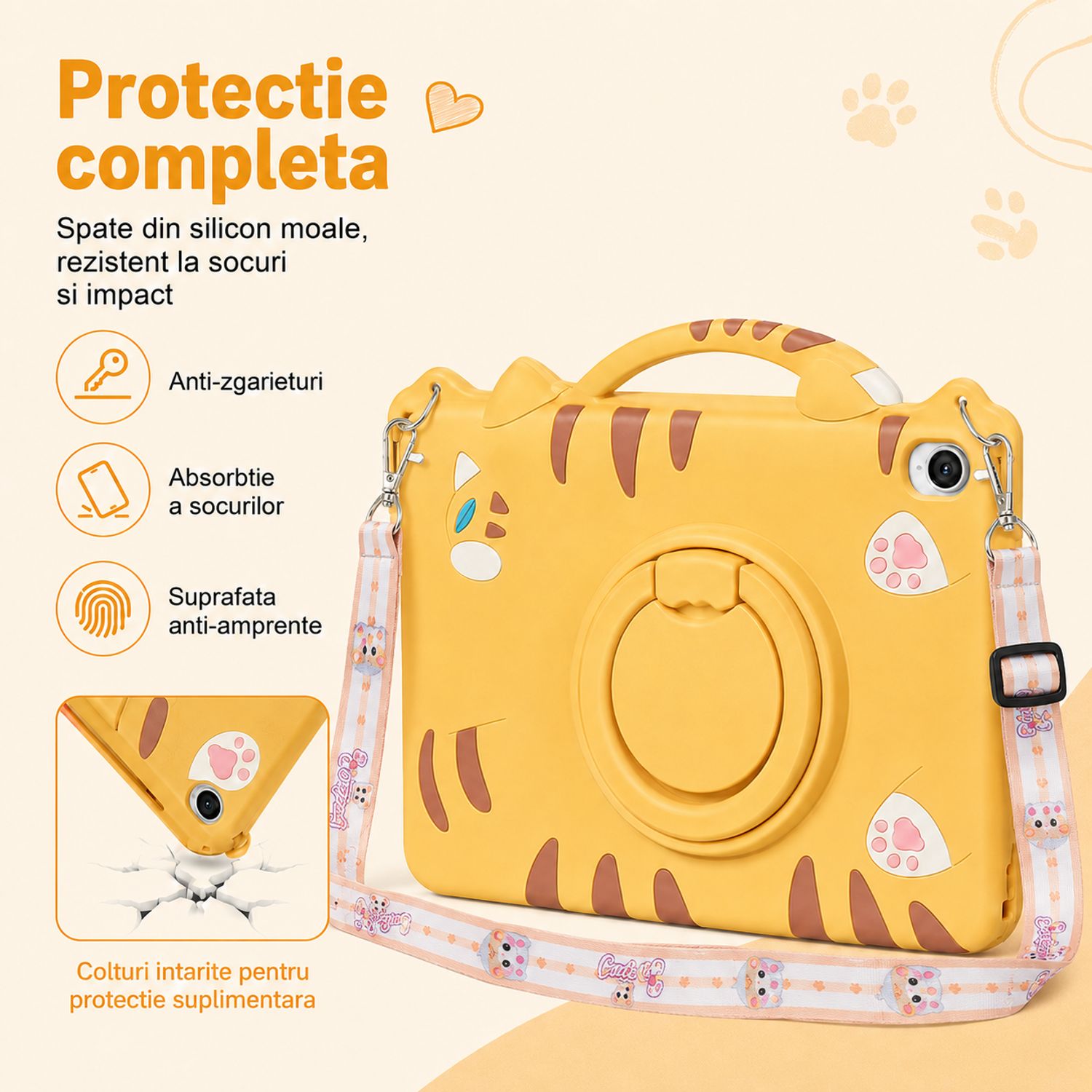 Husa pentru Samsung Galaxy Tab A11, Exclusiv pentru 8.7 inch, Silicon Moale pentru Copii, Suport Rotativ 360° cu Functie Stand, Slot pentru Creion, Design Pisicuta, Galben