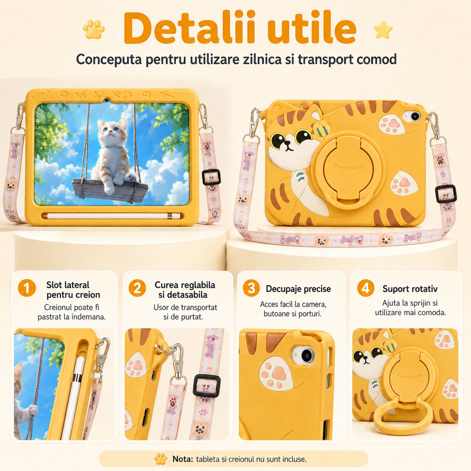 Husa pentru Samsung Galaxy Tab A11, Exclusiv pentru 8.7 inch, Silicon Moale pentru Copii, Suport Rotativ 360° cu Functie Stand, Slot pentru Creion, Design Pisicuta, Galben