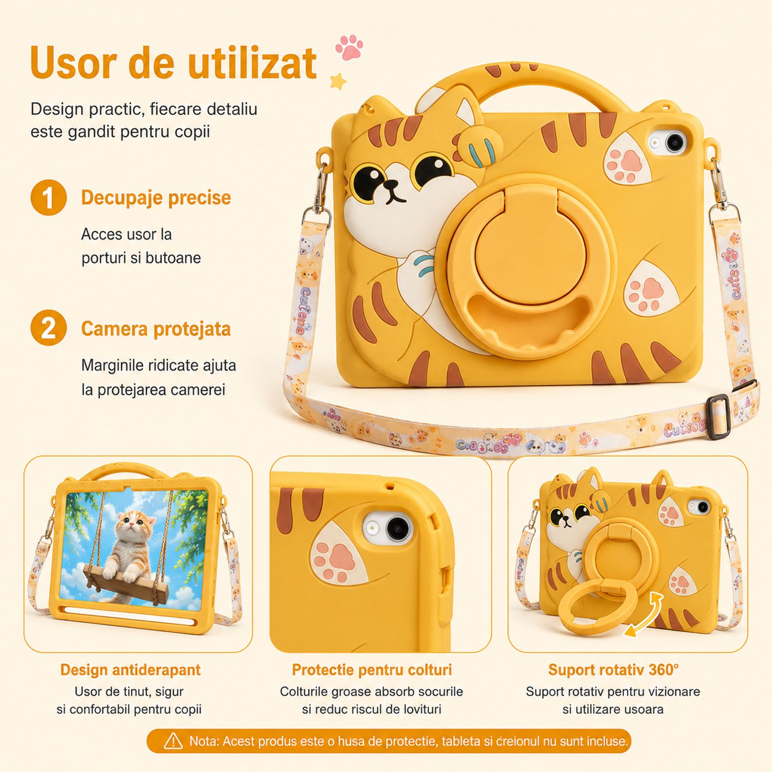 Husa pentru Samsung Galaxy Tab A11, Exclusiv pentru 8.7 inch, Silicon Moale pentru Copii, Suport Rotativ 360° cu Functie Stand, Slot pentru Creion, Design Pisicuta, Galben