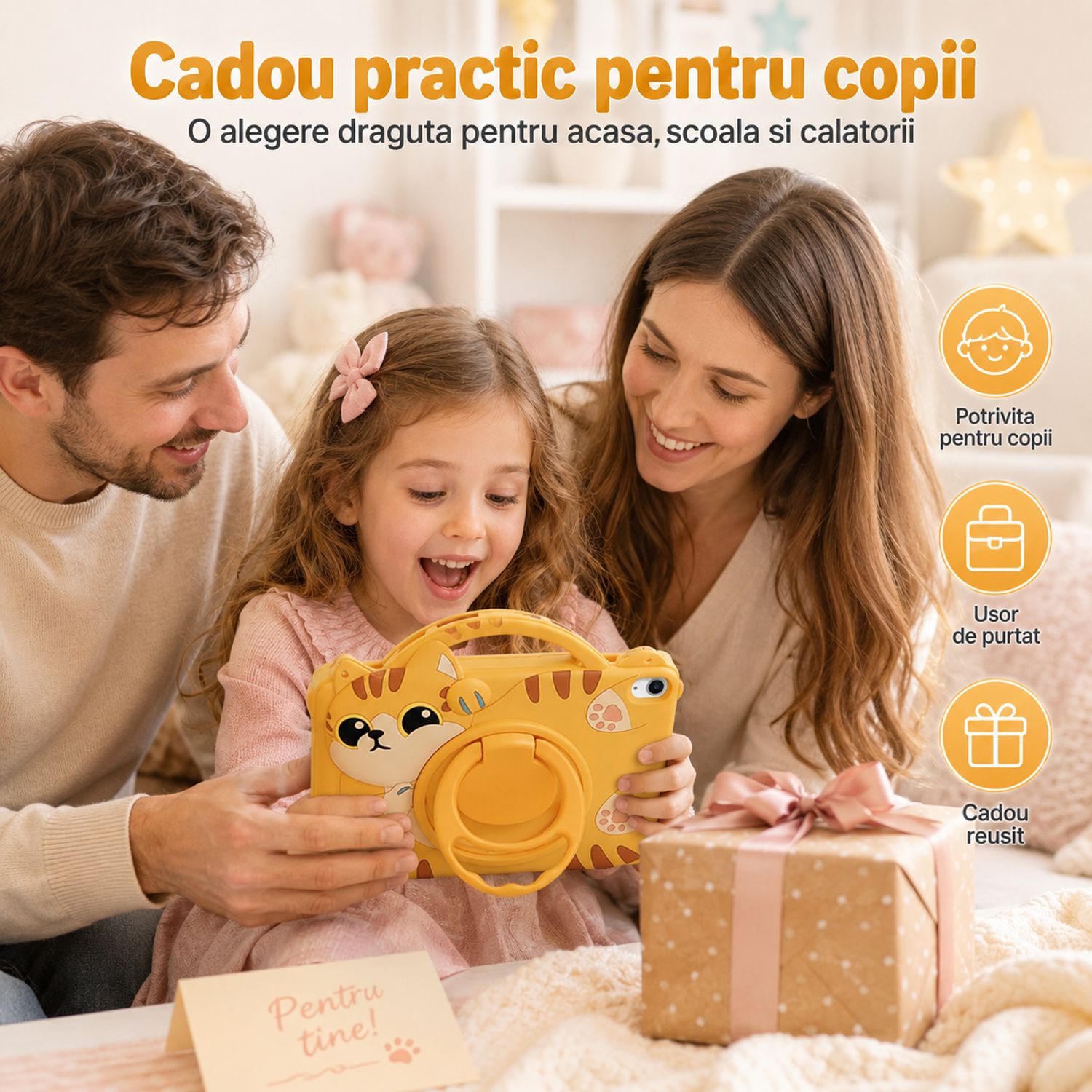 Husa pentru Samsung Galaxy Tab A11, Exclusiv pentru 8.7 inch, Silicon Moale pentru Copii, Suport Rotativ 360° cu Functie Stand, Slot pentru Creion, Design Pisicuta, Galben
