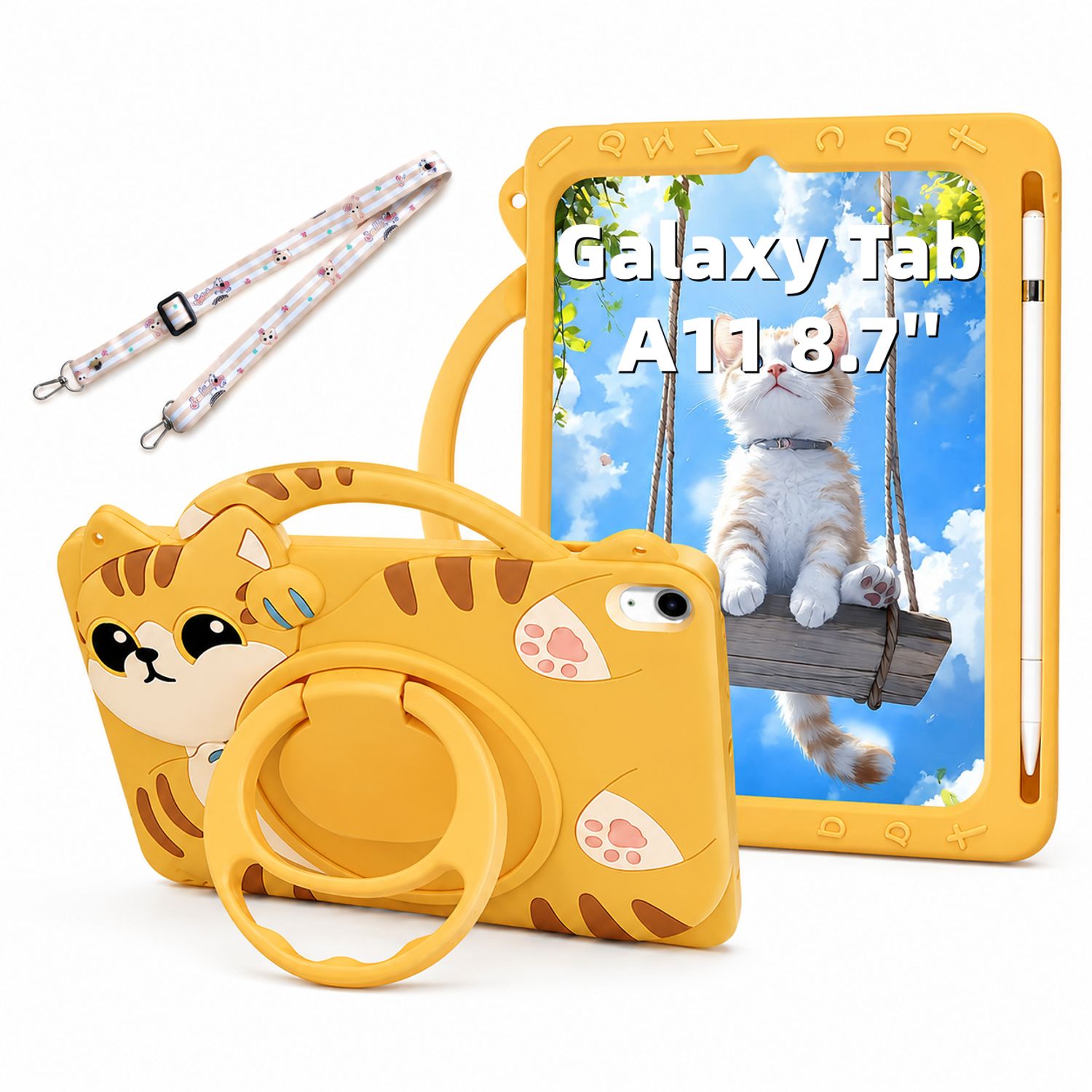 Husa pentru Samsung Galaxy Tab A11, Exclusiv pentru 8.7 inch, Silicon Moale pentru Copii, Suport Rotativ 360° cu Functie Stand, Slot pentru Creion, Design Pisicuta, Galben