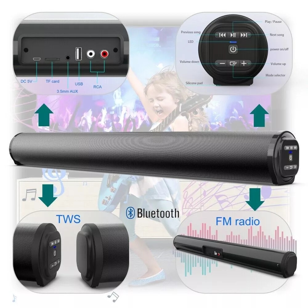 Bara de sunet surround fara fir, Fokelyi, cu subwoofer, pentru home theater, negru