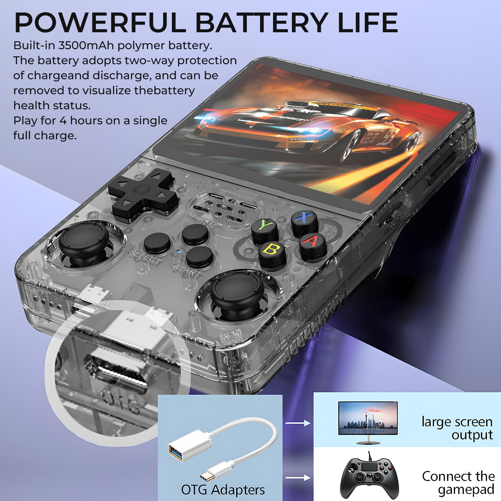Consola R36S portabila retro, Bedee®, 32GB, cu Card Incorporat de 128GB, 21000 jocuri, ArkOS 2.0, IPS LCD 3.5", CPU RK3326, GPU MALI-G31MP2, Emulator N64 PSP PS1 PlayStation Sega, Negru