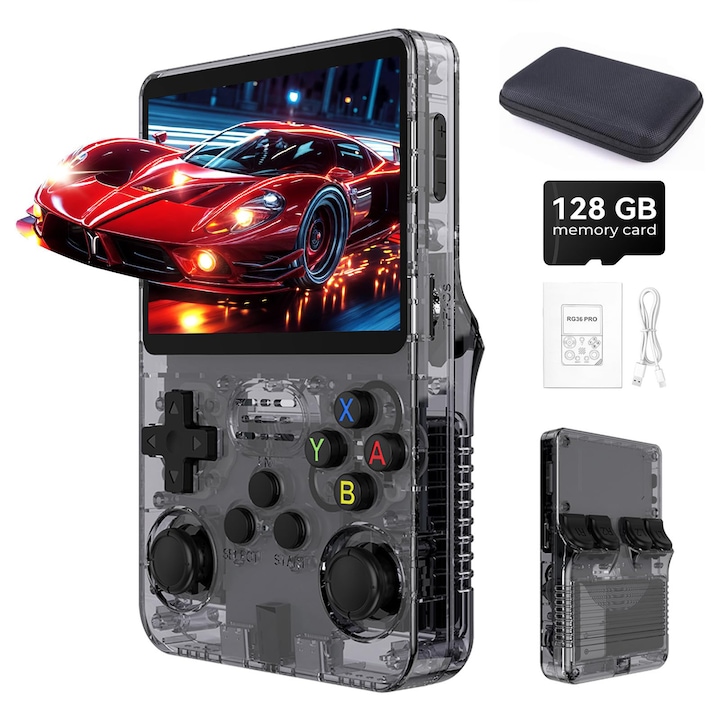 Consola R36S portabila retro, Bedee®, 32GB, cu Card Incorporat de 128GB, 21000 jocuri, ArkOS 2.0, IPS LCD 3.5", CPU RK3326, GPU MALI-G31MP2, Emulator N64 PSP PS1 PlayStation Sega, Negru