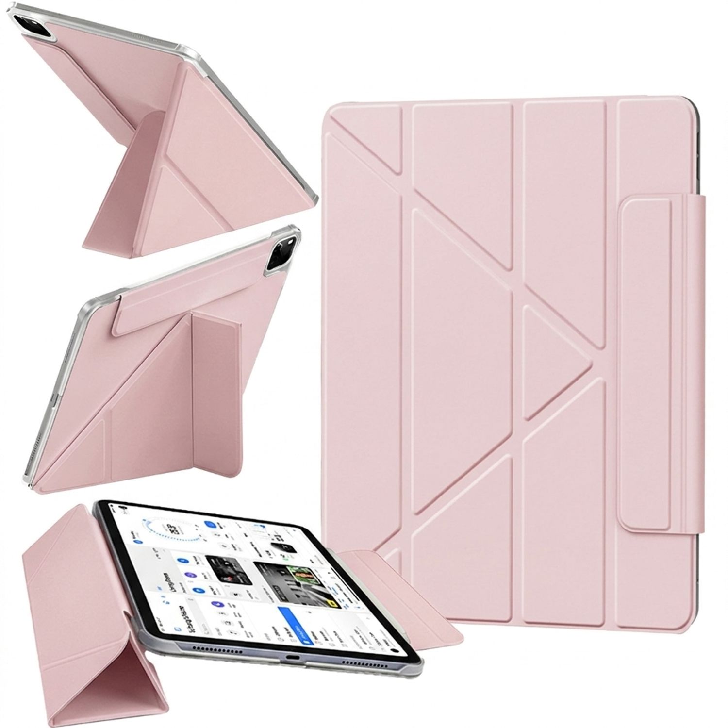 Husa Tableta 4 in 1 pentru iPad 11 2025 10.9 inch si iPad 10 2022 10.9 inch, Design Origami, Functie Wake-up/Sleep, Suport Ascuns pentru Creion, Protectie Colturi, Roz