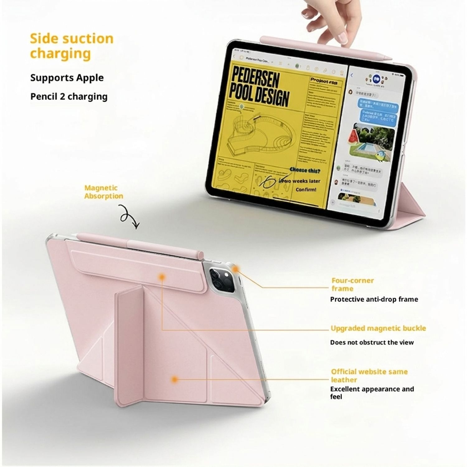 Husa Tableta 4 in 1 pentru iPad 11 2025 10.9 inch si iPad 10 2022 10.9 inch, Design Origami, Functie Wake-up/Sleep, Suport Ascuns pentru Creion, Protectie Colturi, Roz