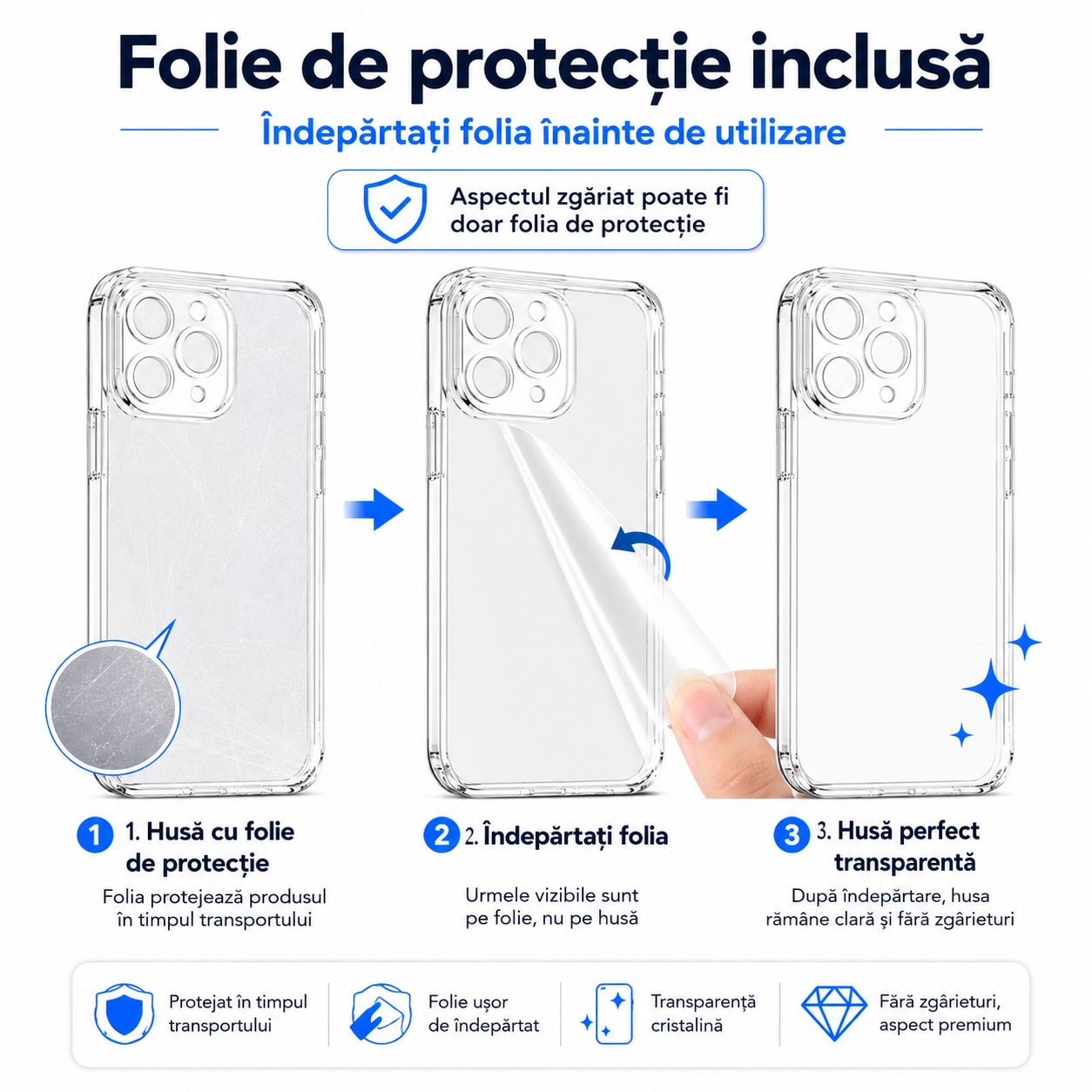 Husa pentru iPhone 17 Pro, Transparenta Crystal Clear, Protectie Militara Antisoc, Rezistenta la Ingalbenire, Bumper Ranforsat