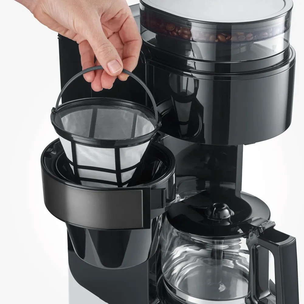 Cafetiera cu rasnita din otel inoxidabil Severin, S-Taste AromaOne, carafa din sticla, 10 cani, capacitate carafa 1.25 litri, capacitate compartiment boabe cafea 200 g, ajustare cantitate 2-10 cani, compatibilitate cafea boabe/cafea macinata, negru
