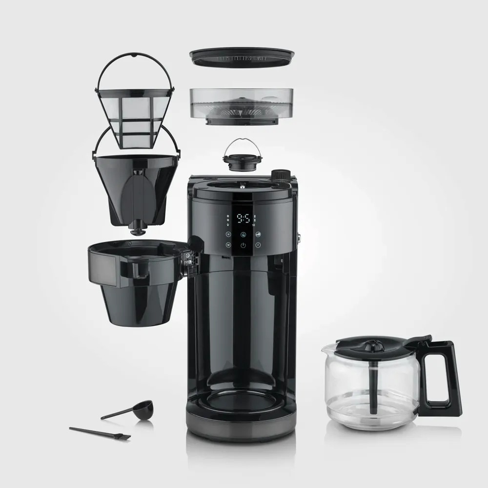 Cafetiera cu rasnita din otel inoxidabil Severin, S-Taste AromaOne, carafa din sticla, 10 cani, capacitate carafa 1.25 litri, capacitate compartiment boabe cafea 200 g, ajustare cantitate 2-10 cani, compatibilitate cafea boabe/cafea macinata, negru