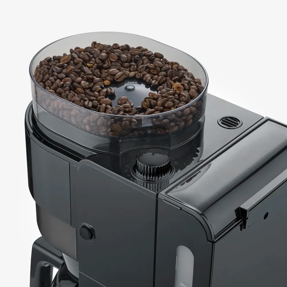 Cafetiera cu rasnita din otel inoxidabil Severin, S-Taste AromaOne, carafa din sticla, 10 cani, capacitate carafa 1.25 litri, capacitate compartiment boabe cafea 200 g, ajustare cantitate 2-10 cani, compatibilitate cafea boabe/cafea macinata, negru