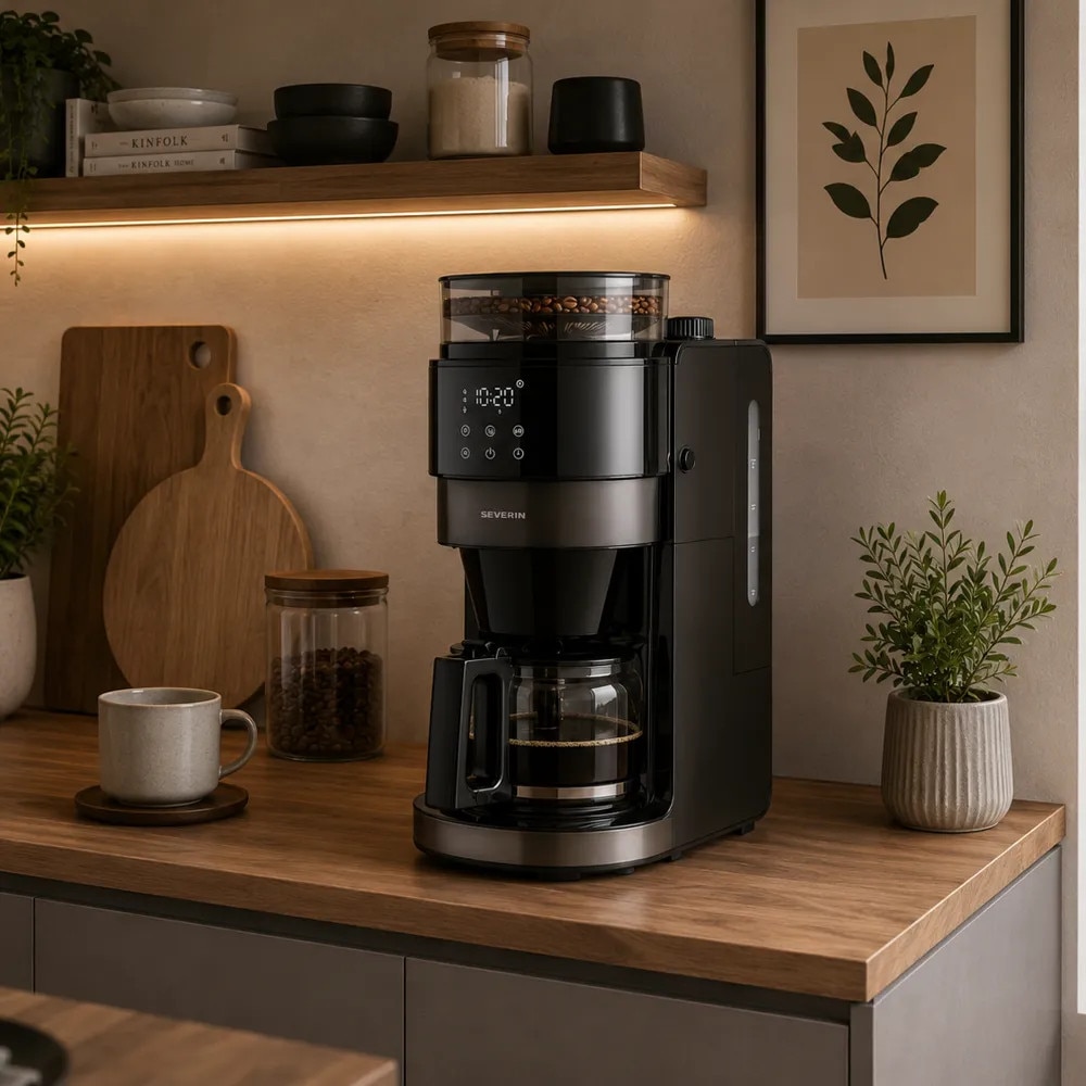 Cafetiera cu rasnita din otel inoxidabil Severin, S-Taste AromaOne, carafa din sticla, 10 cani, capacitate carafa 1.25 litri, capacitate compartiment boabe cafea 200 g, ajustare cantitate 2-10 cani, compatibilitate cafea boabe/cafea macinata, negru
