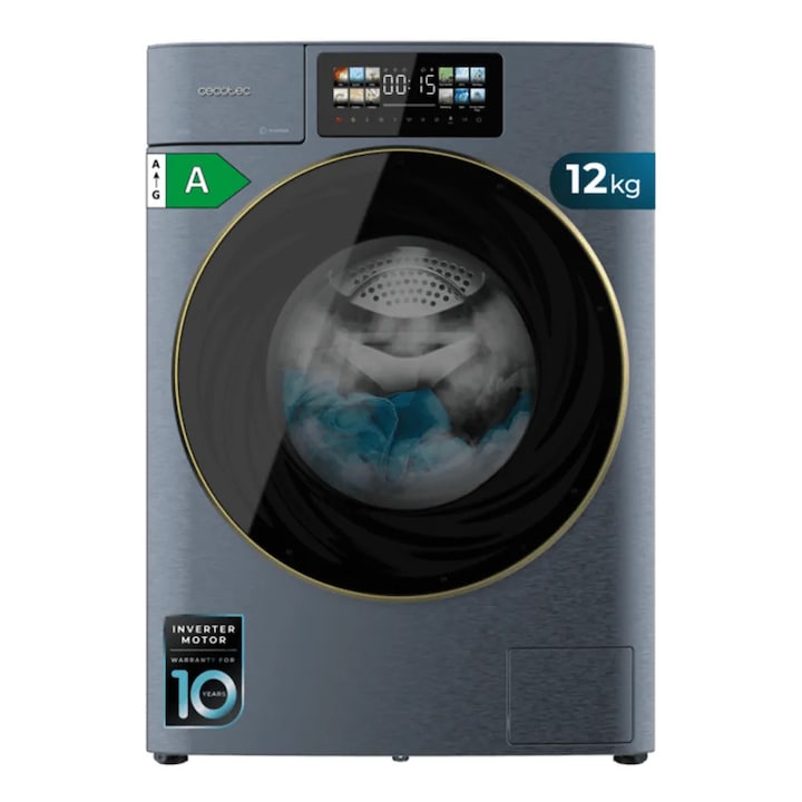 Masina de spalat rufe smart Cecotec, Bolero DressCode Autodose Direct Drive, clasa A, capacitate spalare 12 kg, motor Direct Drive Inverter, functie Auto-Dose, 14 programe prestabilite, Drum Clean Plus, program Smart Wash, Steam Max, Sanitise, titan