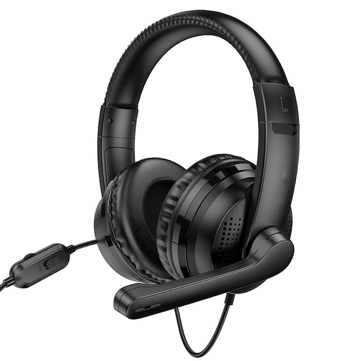 Casti Over-The-Ear cu fir, pentru gaming, conectivitate Jack 3.5mm, cu microfon si control volum, ABS, sunet HD, 1.2m lungime cablu, Negru