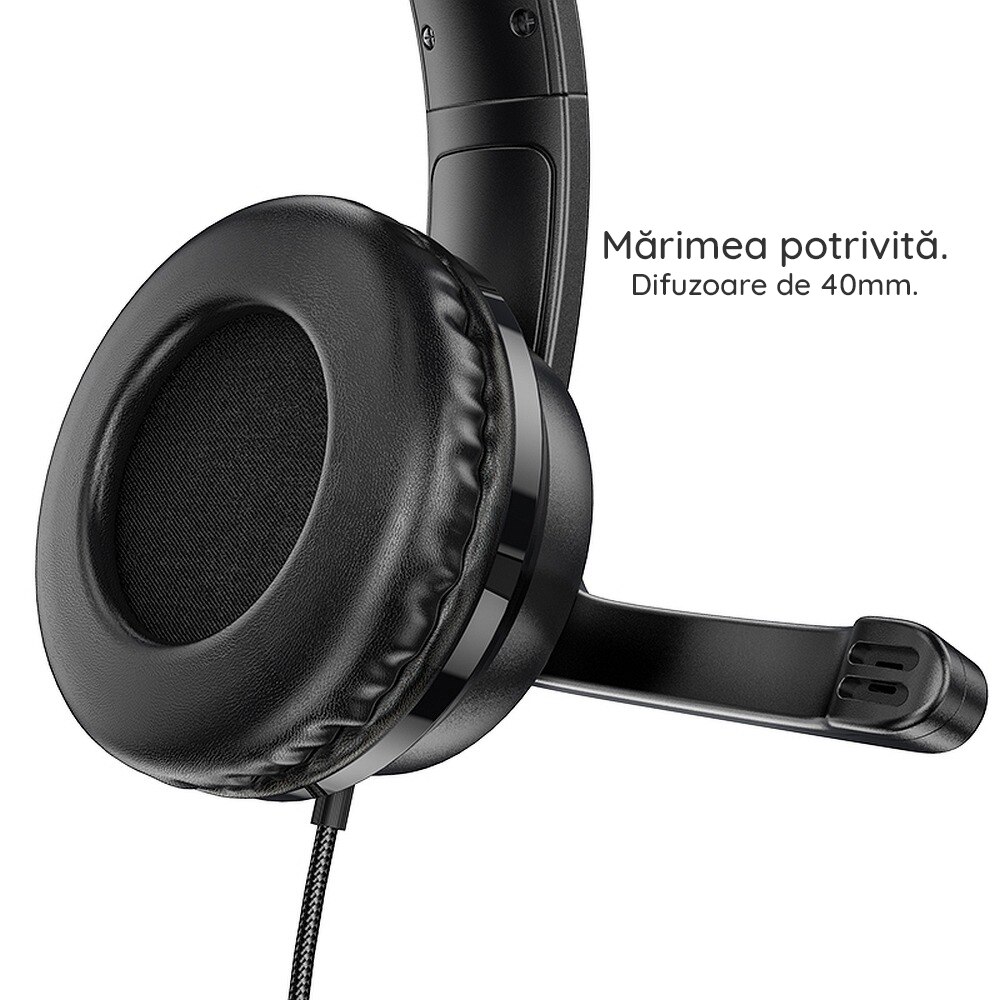 Casti Over-The-Ear cu fir, pentru gaming, conectivitate Jack 3.5mm, cu microfon si control volum, ABS, sunet HD, 1.2m lungime cablu, Negru