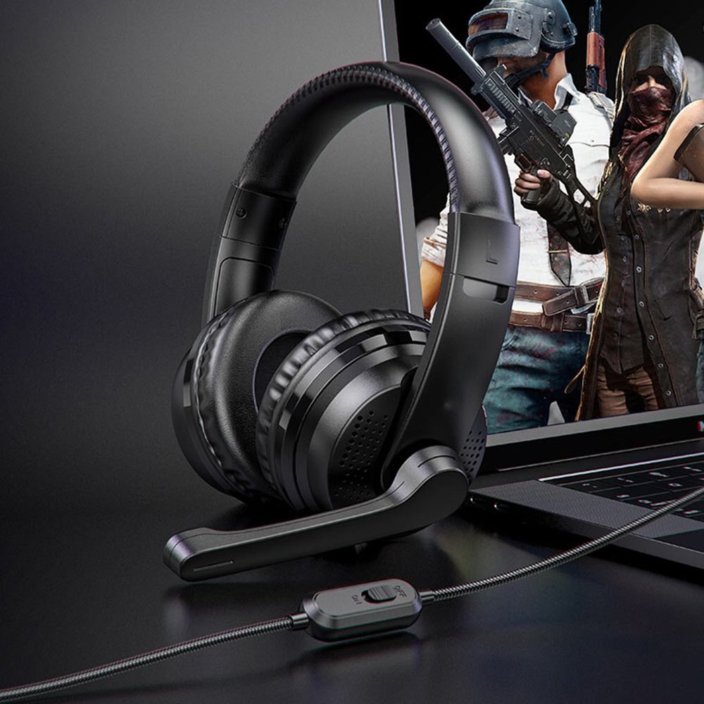 Casti Over-The-Ear cu fir, pentru gaming, conectivitate Jack 3.5mm, cu microfon si control volum, ABS, sunet HD, 1.2m lungime cablu, Negru