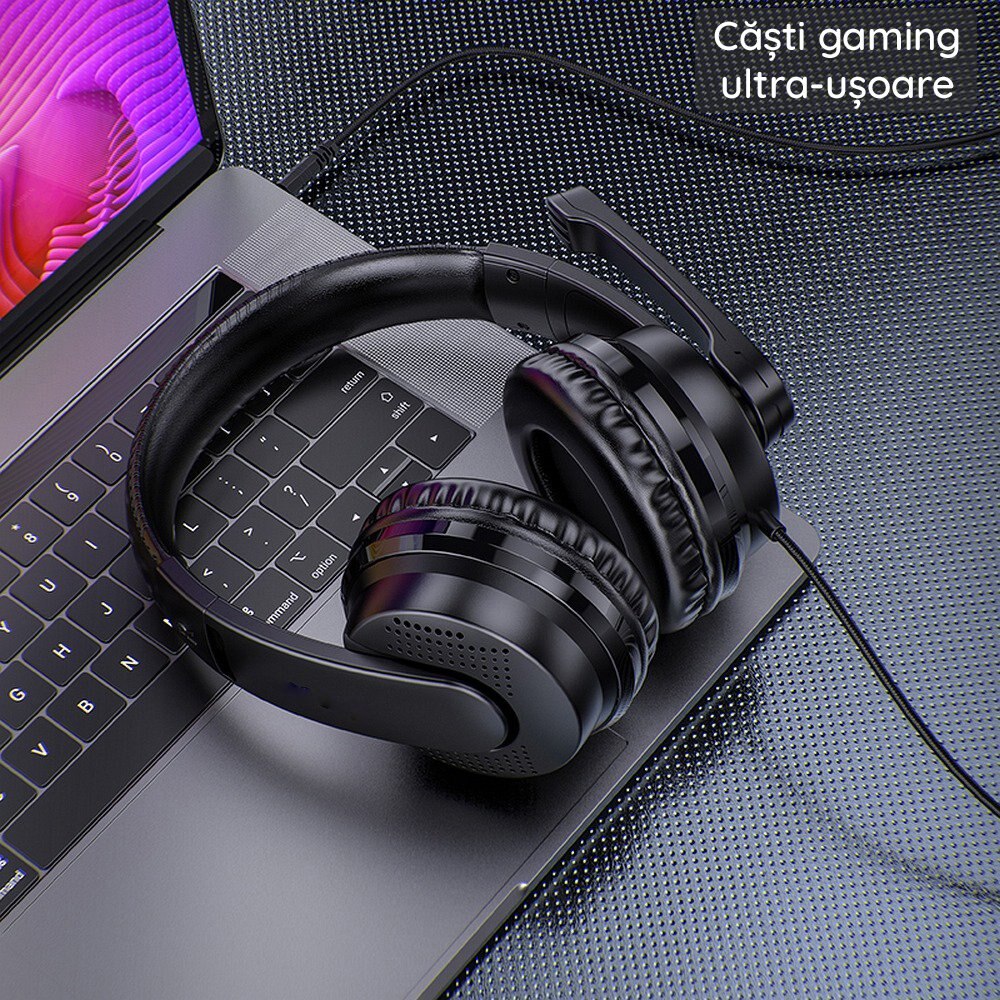 Casti Over-The-Ear cu fir, pentru gaming, conectivitate Jack 3.5mm, cu microfon si control volum, ABS, sunet HD, 1.2m lungime cablu, Negru