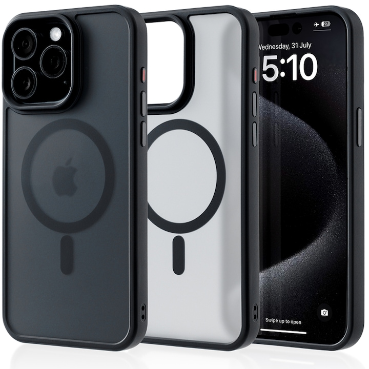 Husa compatibila cu Incarcare Magsafe compatibila cu iPhone 15 Pro Max, CASEY STUDIOS™, de Protectie, Slim, pentru Incarcare Wireless, Margini Ridicate de Protectia Ecranului si a Camerelor, Negru