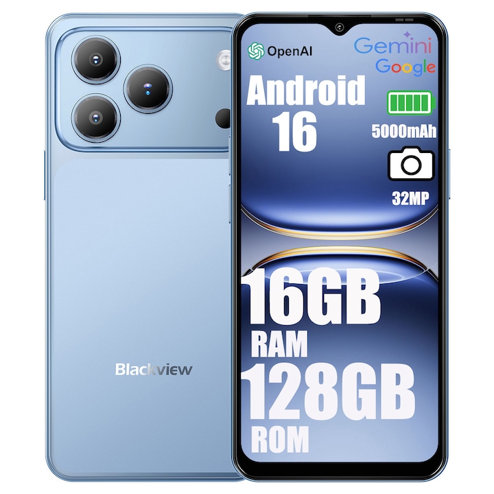 Telefon mobil Blackview Wave 7C, Android 16, 16GB+128GB（2TB TF),6.56"HD+ IPS, 32MP+13MP, Unisoc Tiger T310,5000mAh/IP54/WiFi 5G/Face ID/2 SIM, Albastru