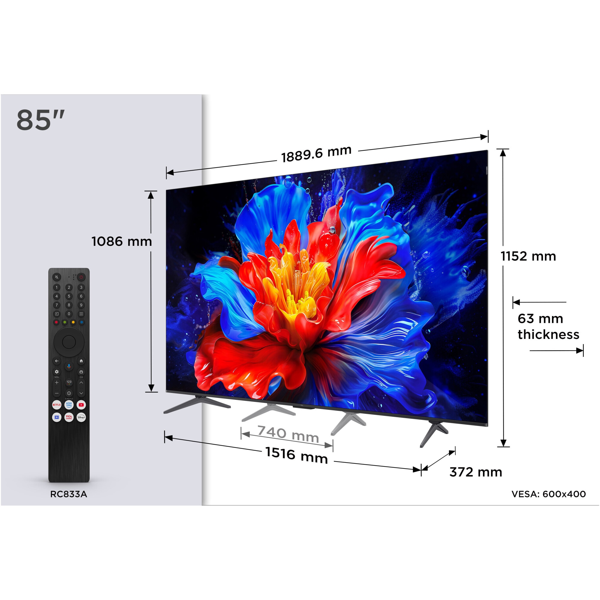 Televizor TCL QLED 85P8K, 214 cm, Smart Google TV, 4K Ultra HD, 100Hz, Clasa F