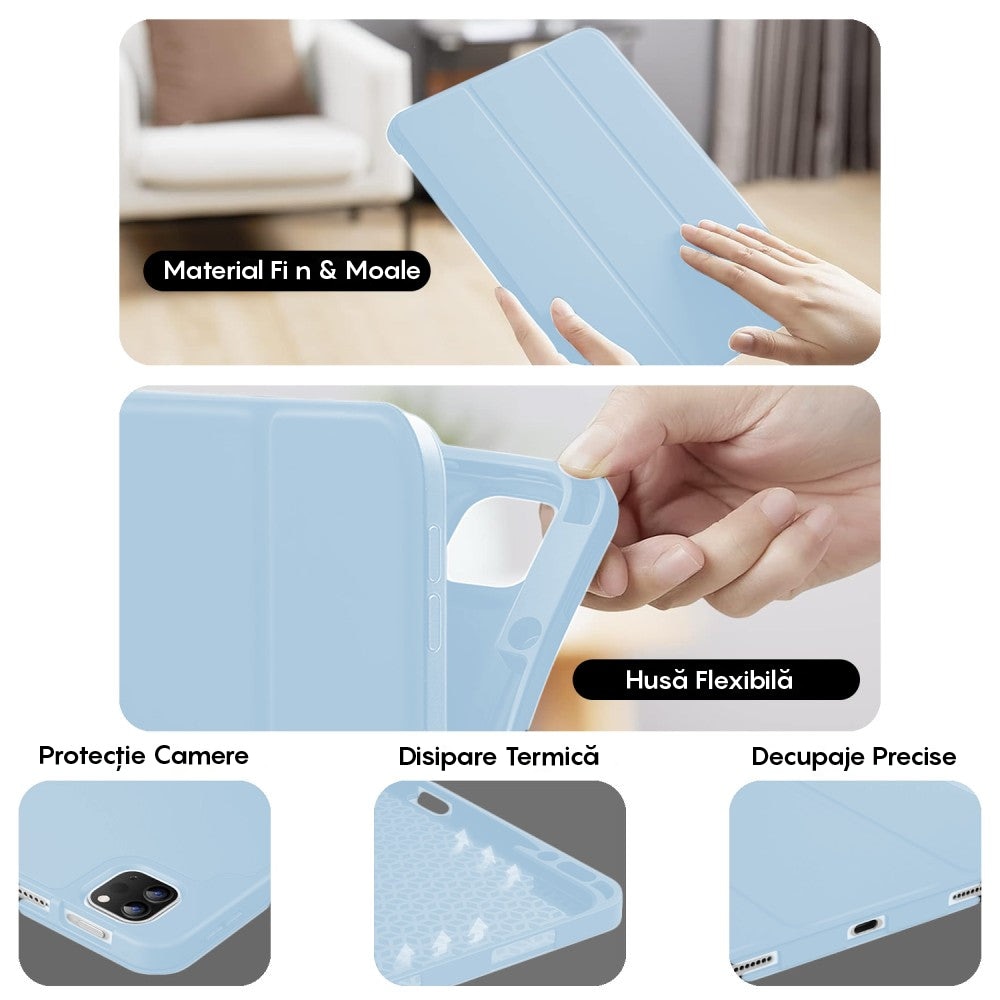 Husa Inteligenta compatibila cu iPad Air 11 2026/2025/2024/Air 5/4 10.9", MagneticX, CASEY STUDIOS™, Unghiuri Ajustabile, Suport Stylus Pen, Carcasa Flexibila, Functie Auto Sleep/Wake &Touch ID, Subtire si Usoara, Albatru