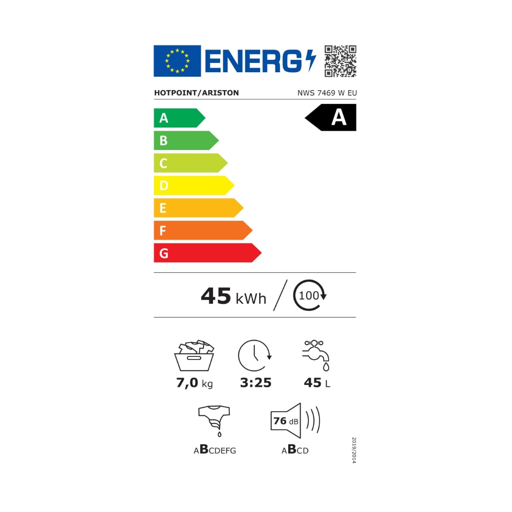 Masina de spalat rufe Hotpoint-Ariston NWS 7469 W EU, Extra Touch, Steam Hygiene, Program Anti-pete, 7 Kg, 1400 rpm, Clasa A, Alba