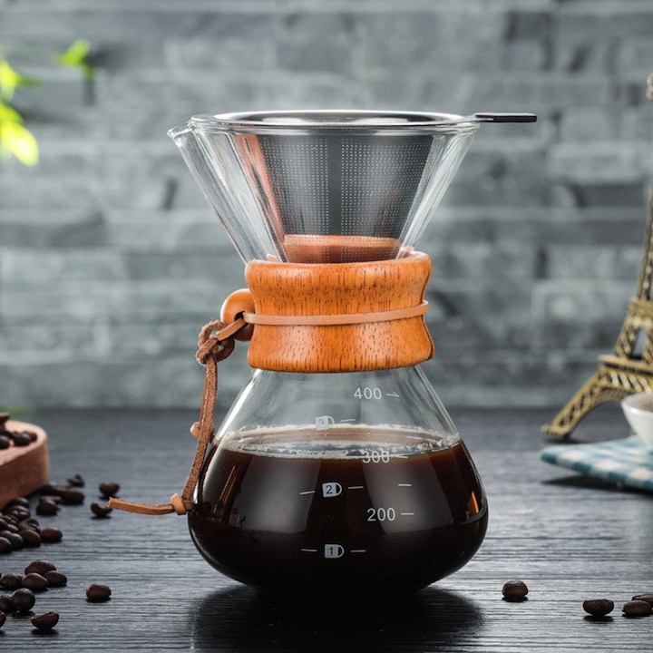 Cafetiera Cozevdnt, design artizanal, filtru micro din otel inoxidabil, carafa din sticla, control al infuzarii