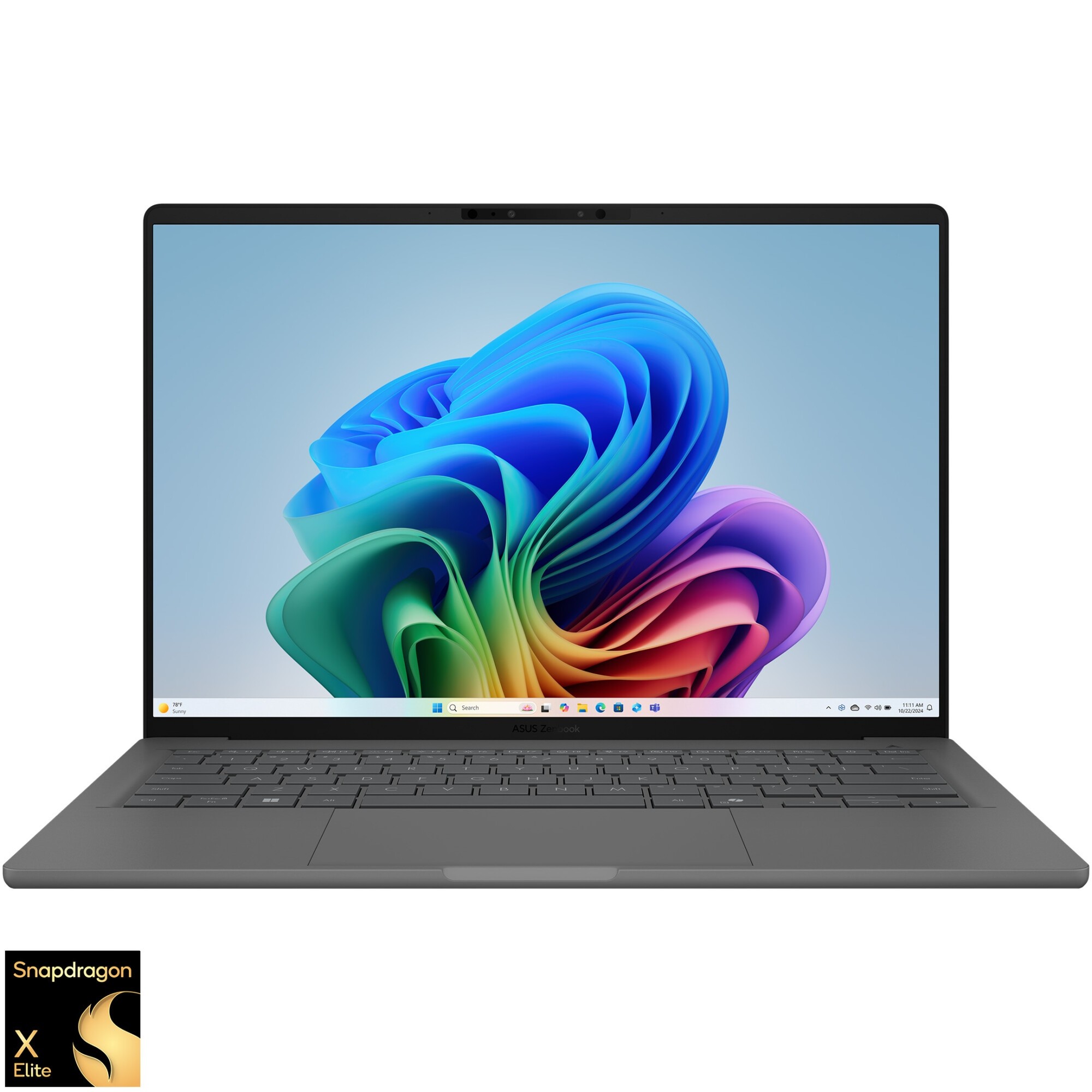 Laptop ASUS Zenbook A14 UX3407RA cu procesor Snapdragon® X Elite X1E 78 100 pana la 3.4GHz, 14'', WUXGA, OLED, 16GB LPDDR5X RAM, 1TB SSD, Qualcomm® Adreno™ GPU, Windows 11 Pro, Iceland Gray