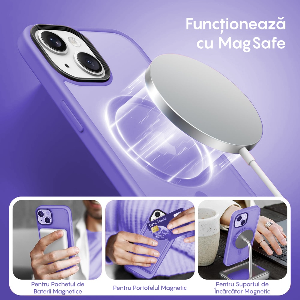 Husa compatibila cu Incarcare Magsafe compatibila cu iPhone 14, CASEY STUDIOS™, de Protectie, Slim, pentru Incarcare Wireless, Margini Ridicate de Protectia Ecranului si a Camerelor, Mov Deschis