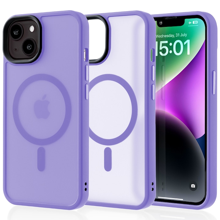 Husa compatibila cu Incarcare Magsafe compatibila cu iPhone 14, CASEY STUDIOS™, de Protectie, Slim, pentru Incarcare Wireless, Margini Ridicate de Protectia Ecranului si a Camerelor, Mov Deschis