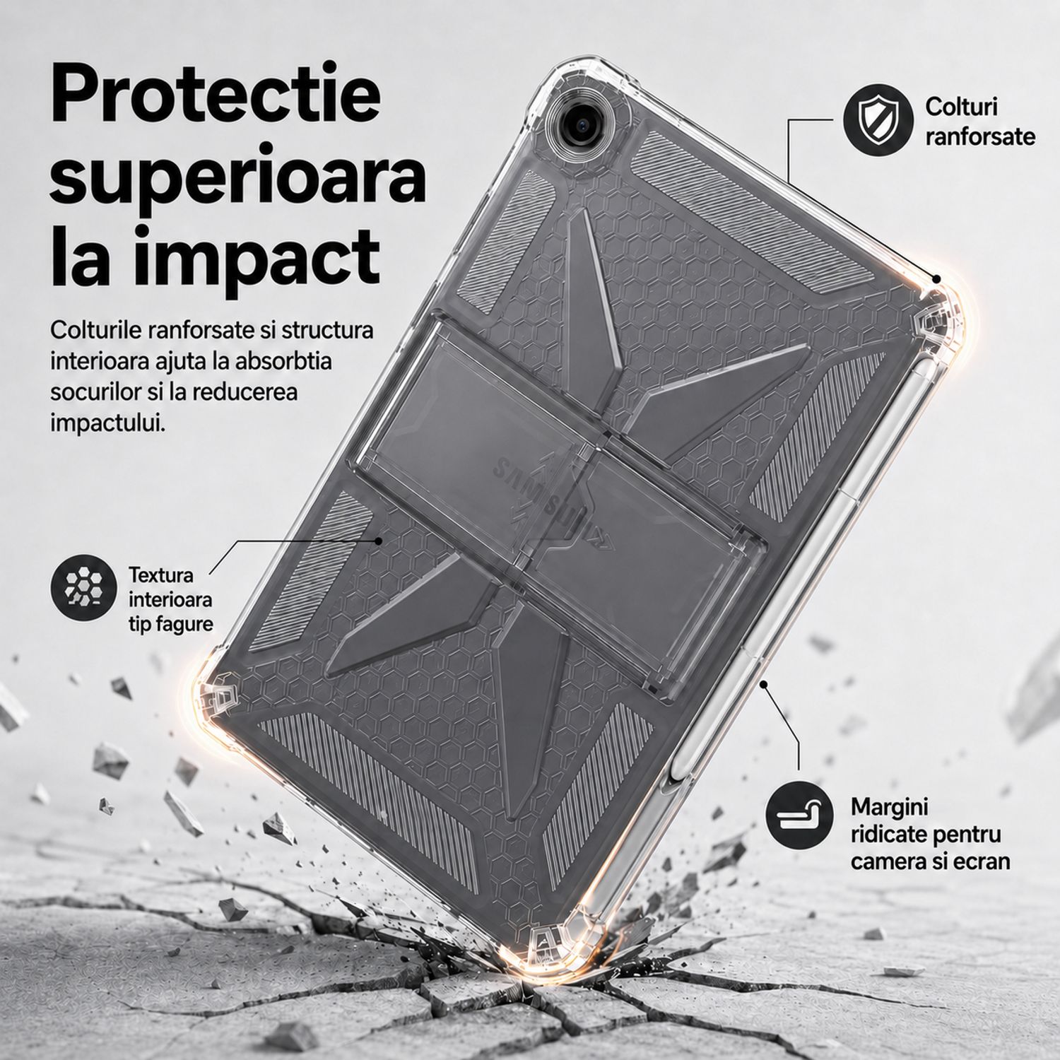 Husa protectie pentru Samsung Galaxy Tab A11, 8.7 inch, Silicon Antisoc, Colturi Intarite, Suport Stylus, Protectie Camera si Ecran, Transparent