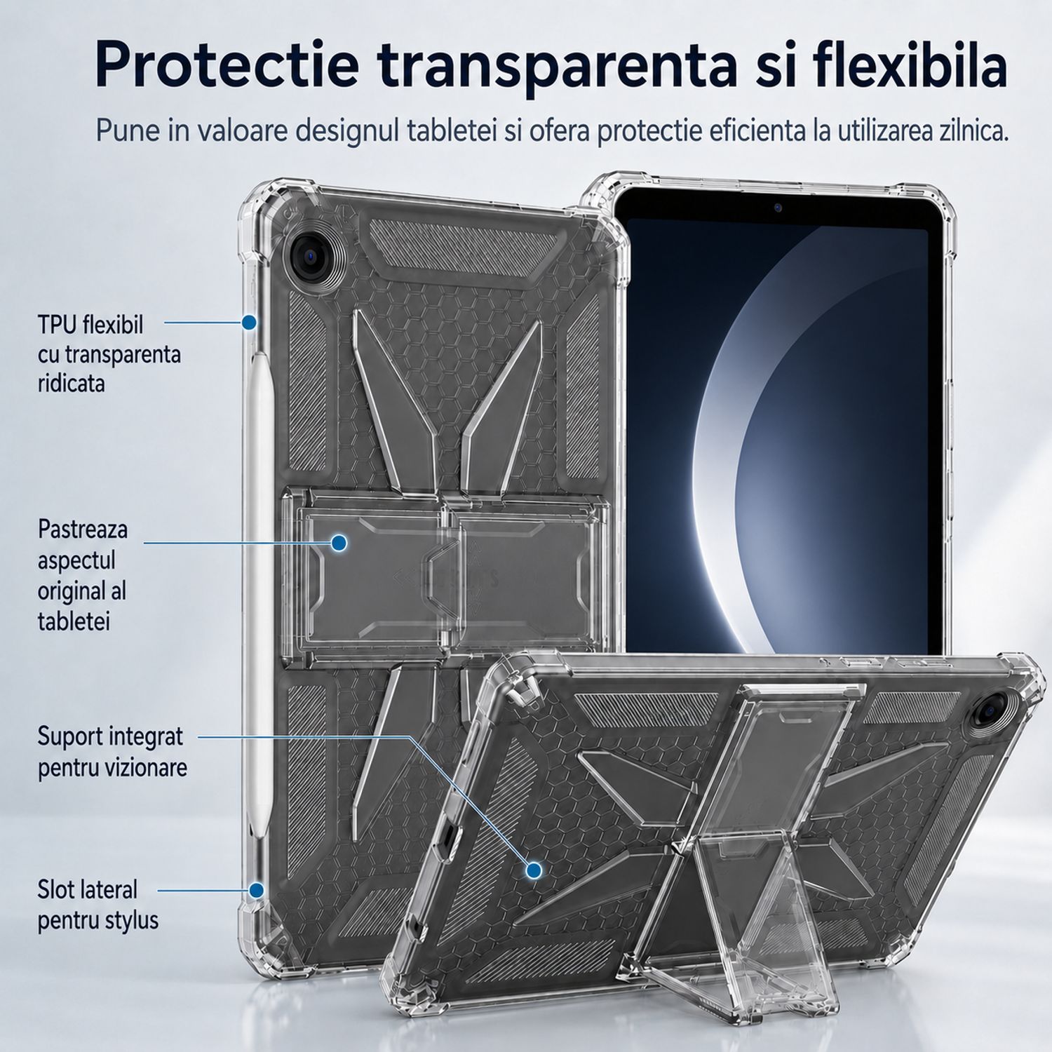 Husa protectie pentru Samsung Galaxy Tab A11, 8.7 inch, Silicon Antisoc, Colturi Intarite, Suport Stylus, Protectie Camera si Ecran, Transparent