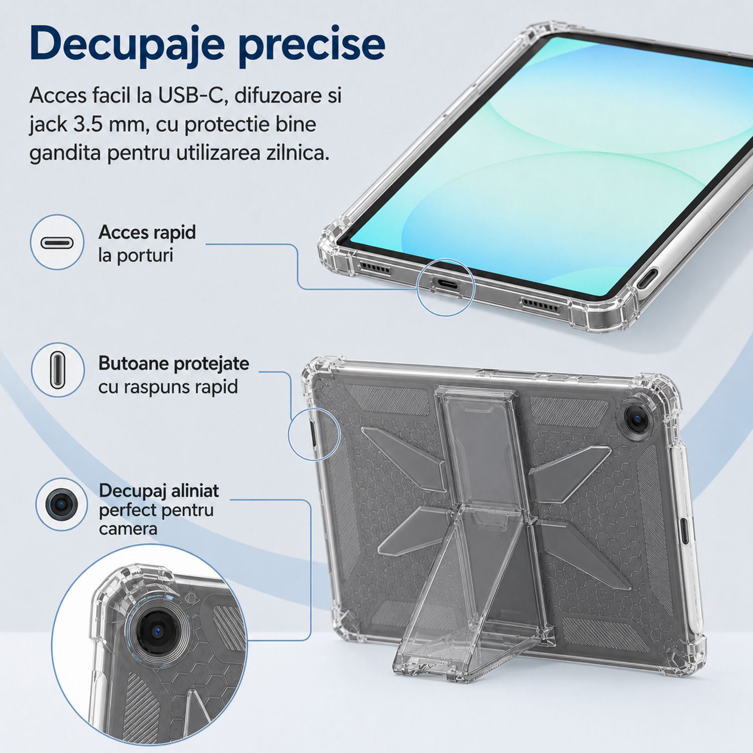 Husa protectie pentru Samsung Galaxy Tab A11, 8.7 inch, Silicon Antisoc, Colturi Intarite, Suport Stylus, Protectie Camera si Ecran, Transparent