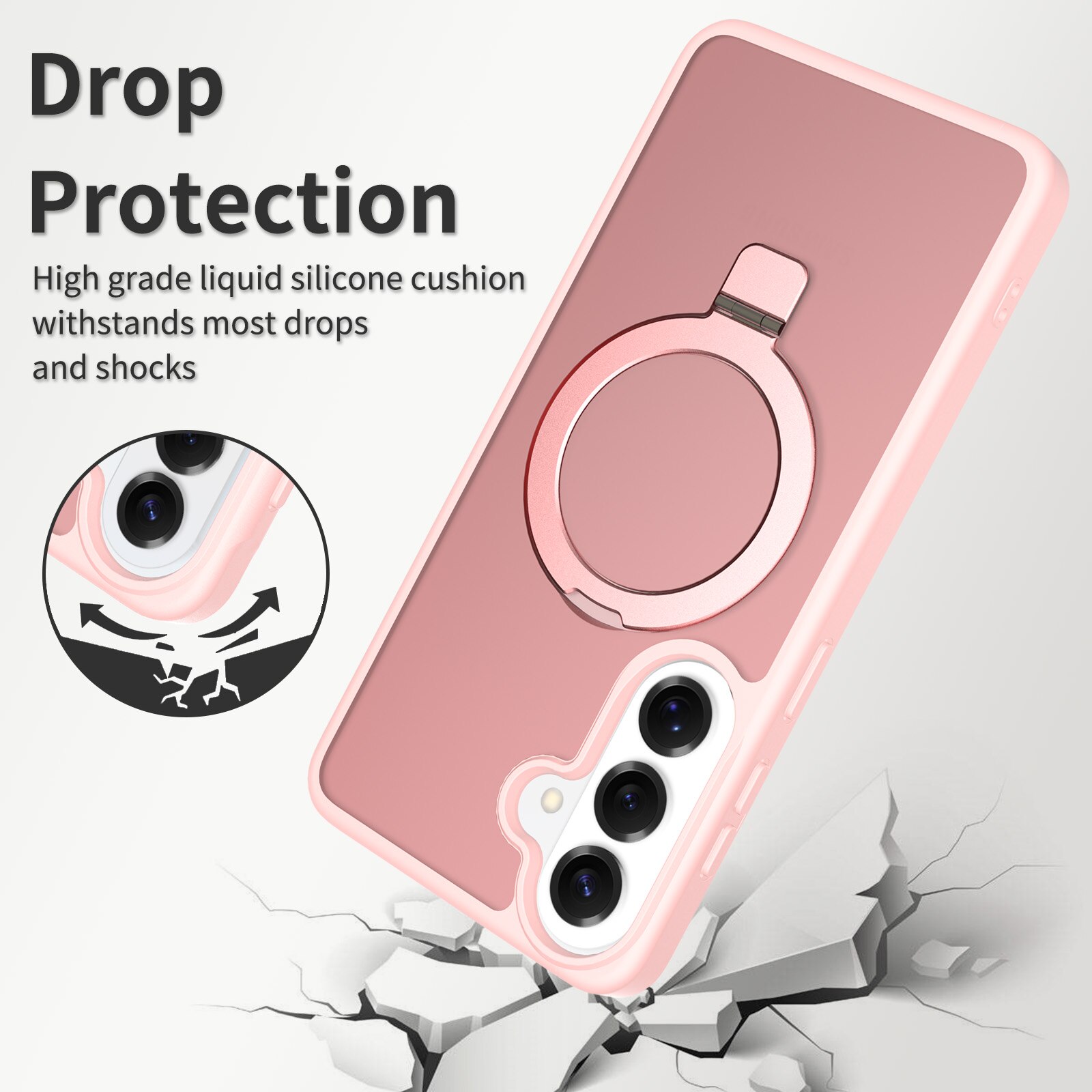 Husa de protecție pentru Samsung Galaxy S26 Plus, inel magnetic ajustabil, anti-soc, semitransparent, roz deschis