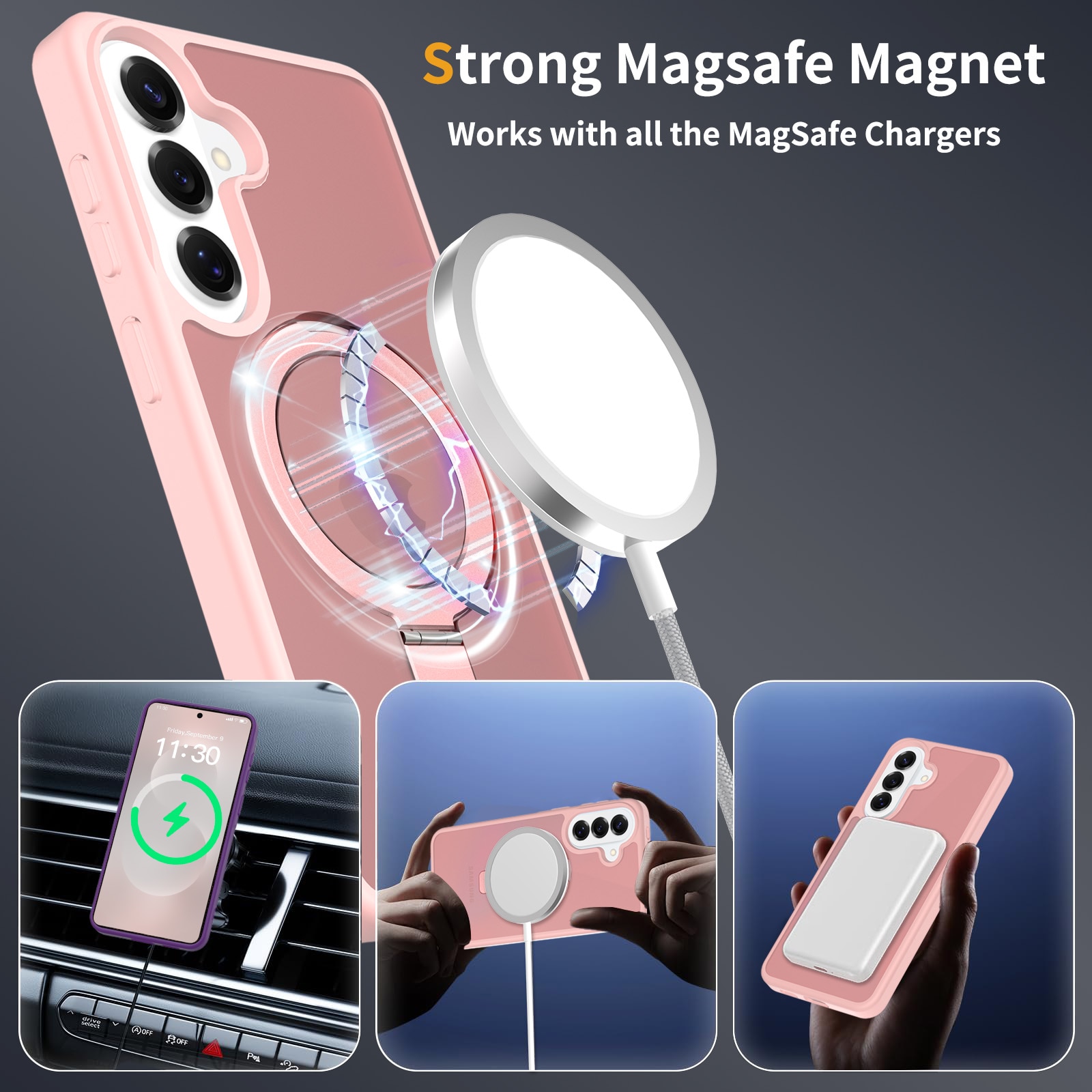 Husa de protecție pentru Samsung Galaxy S26 Plus, inel magnetic ajustabil, anti-soc, semitransparent, roz deschis