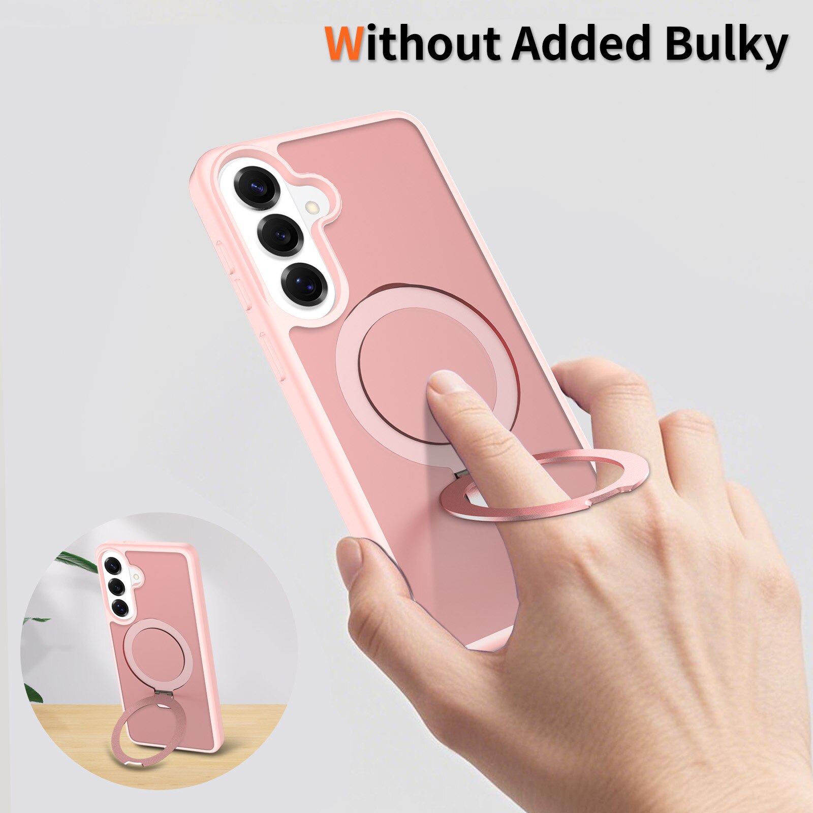 Husa de protecție pentru Samsung Galaxy S26 Plus, inel magnetic ajustabil, anti-soc, semitransparent, roz deschis