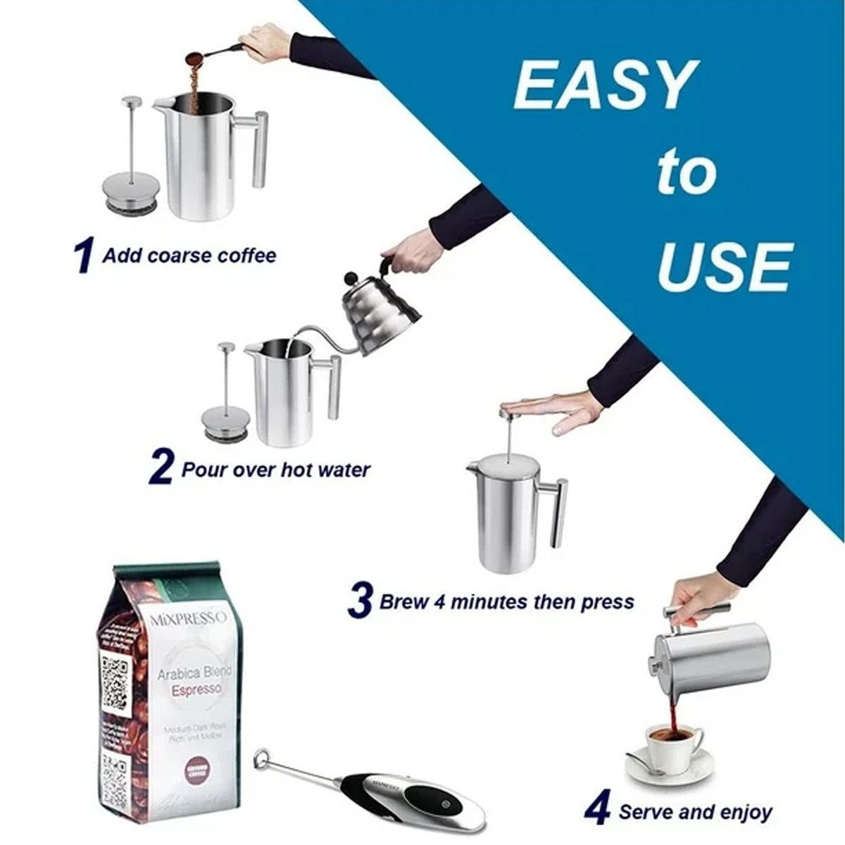 Cafetiera French Press, otel inoxidabil 304, 1L, rezistenta, maner termorezistent