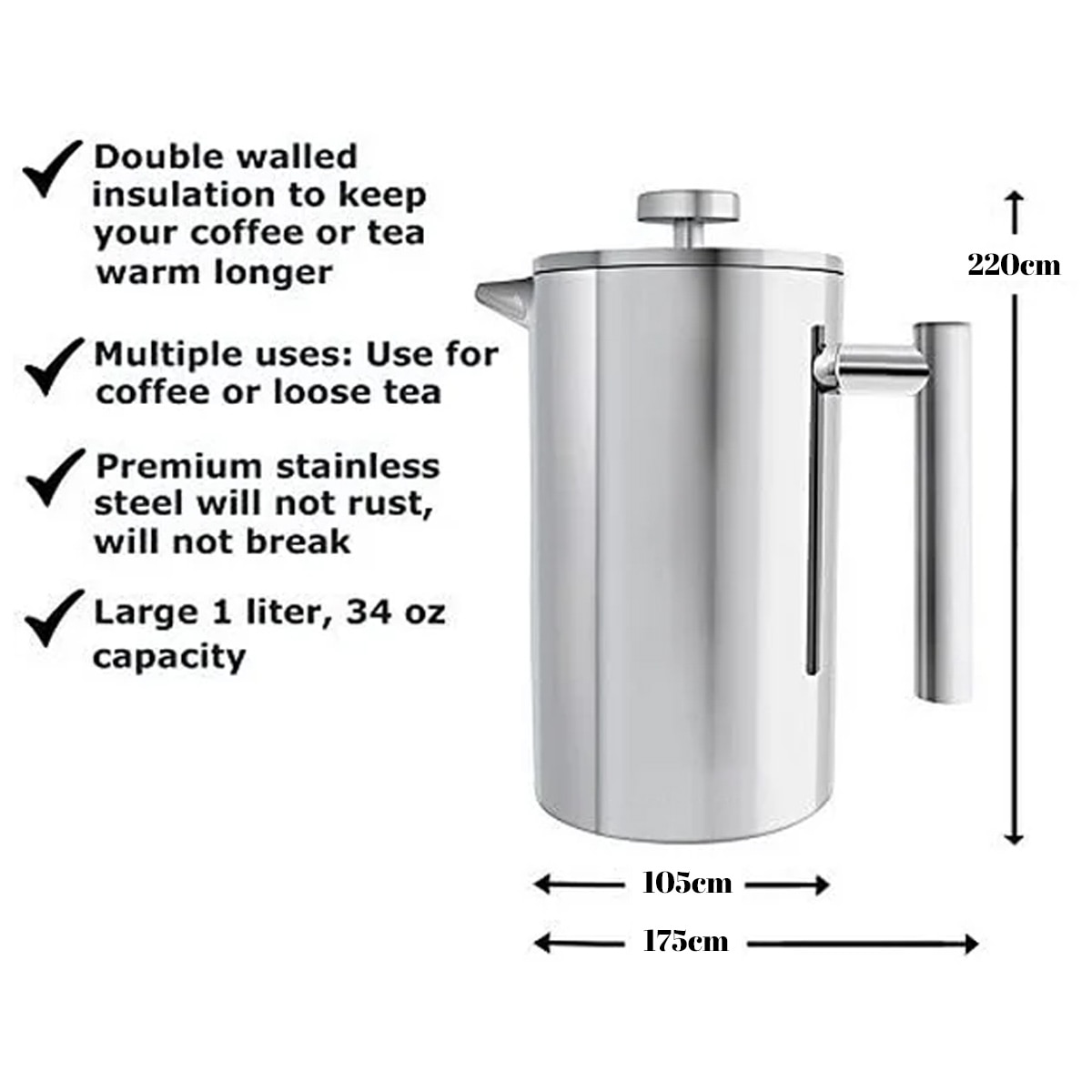 Cafetiera French Press, otel inoxidabil 304, 1L, rezistenta, maner termorezistent