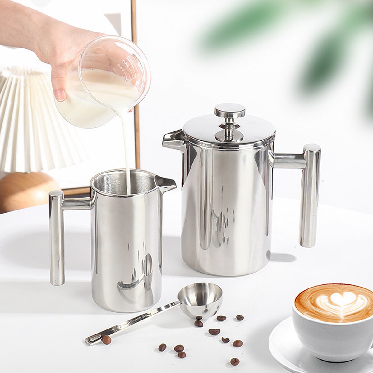 Cafetiera French Press, otel inoxidabil 304, 1L, rezistenta, maner termorezistent