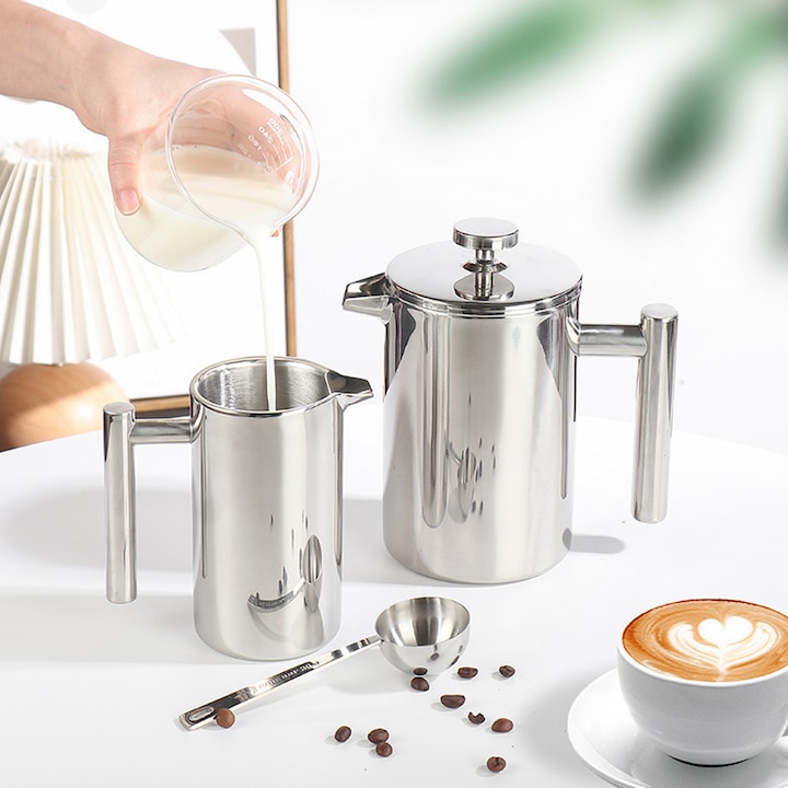 Cafetiera French Press, otel inoxidabil 304, 1L, rezistenta, maner termorezistent