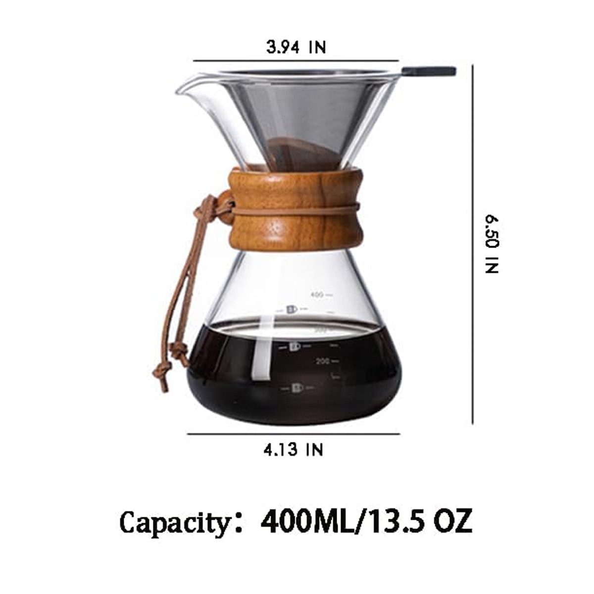 Set cafetiera pour over, sticla borosilicata, filtru inox, guler lemn, 600ml