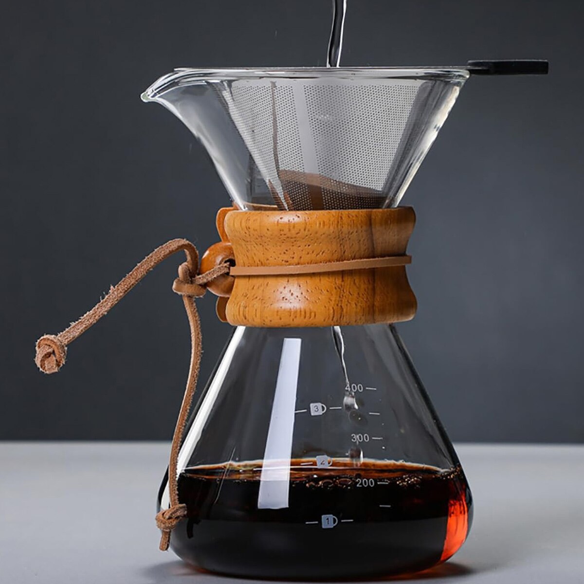 Set cafetiera pour over, sticla borosilicata, filtru inox, guler lemn, 600ml