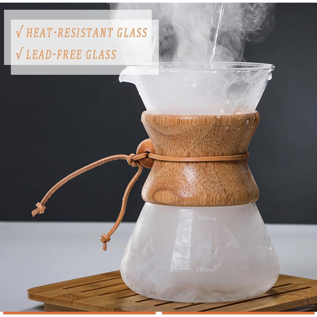 Set cafetiera pour over, sticla borosilicata, filtru inox, guler lemn, 600ml