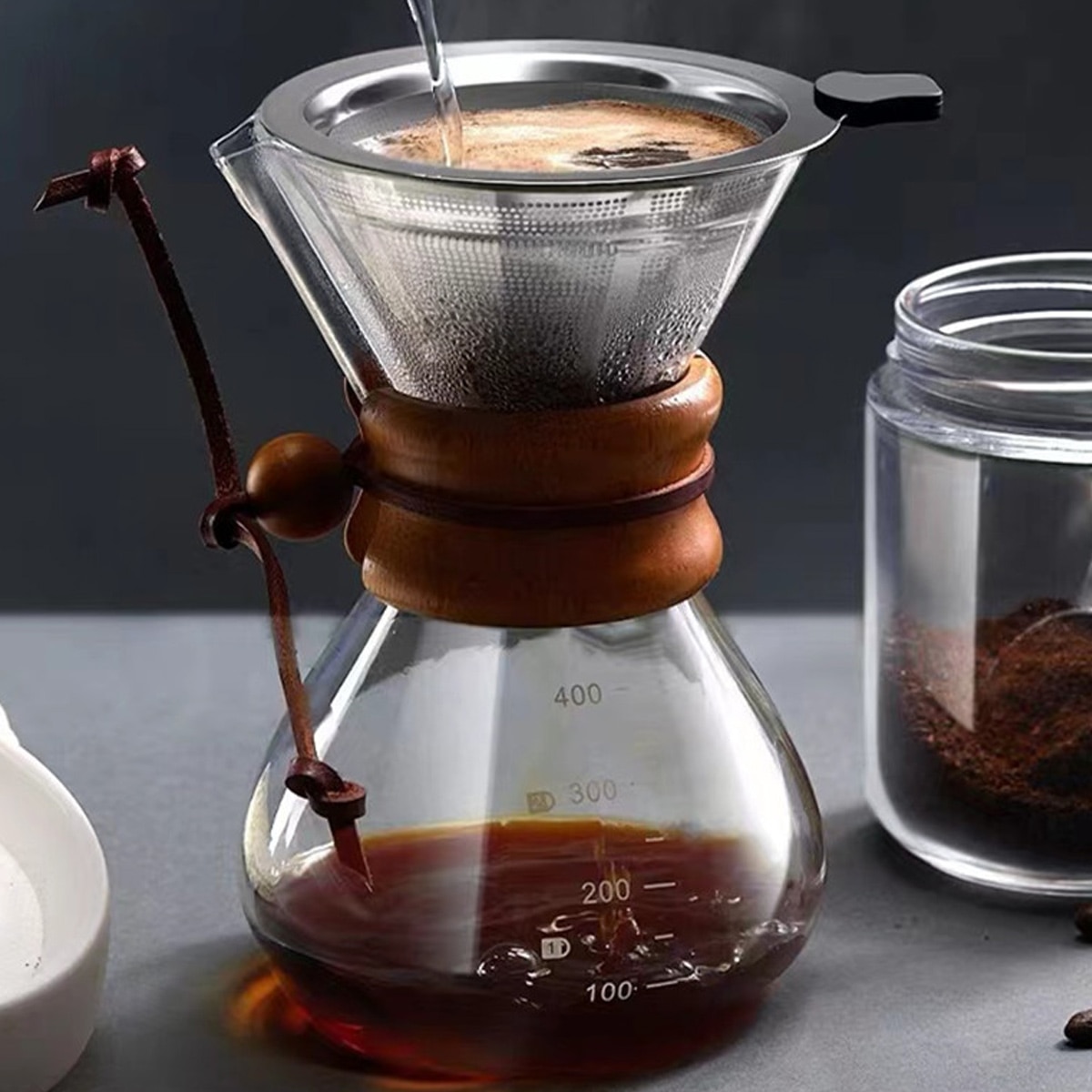 Set cafetiera pour over, sticla borosilicata, filtru inox, guler lemn, 600ml
