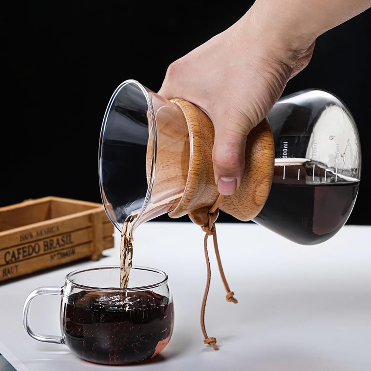 Set cafetiera pour over, sticla borosilicata, filtru inox, guler lemn, 600ml